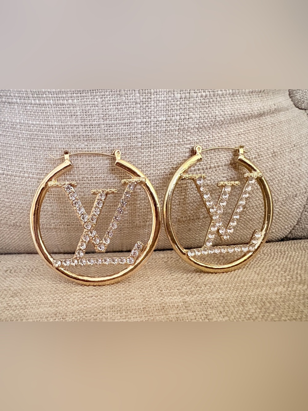Louis Vuitton Gold-Tone Crystal LV Hoop Earrings